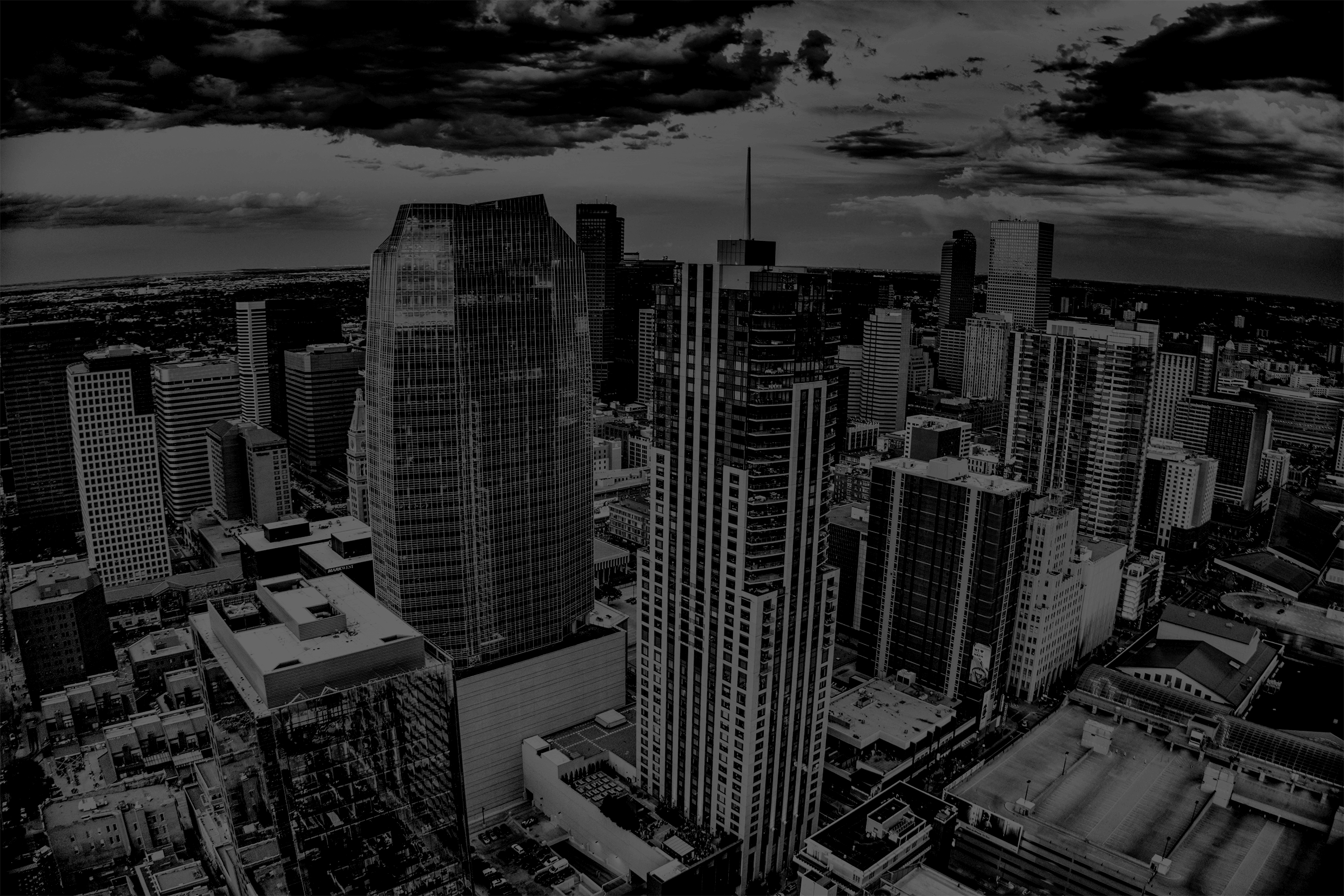 Black and white image of Denver, Colorado skyline.